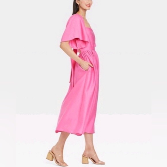 A New Day Bright Pink Midi Puff Flutter Short-Sleeve Tie-Back Ruffle Dress Sz S - Picture 2 of 16